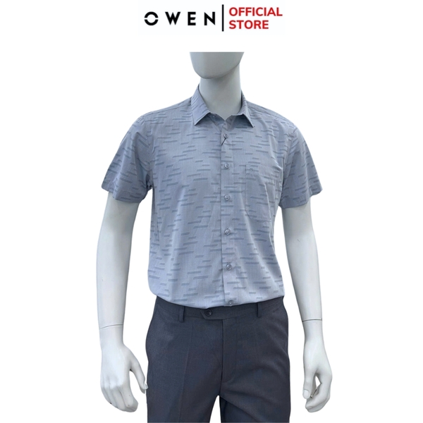 Áo sơ mi nam tay ngắn Owen AB250073NT màu xanh họa tiết dáng suông body fit tà bằng có túi chất liệu bambo poly