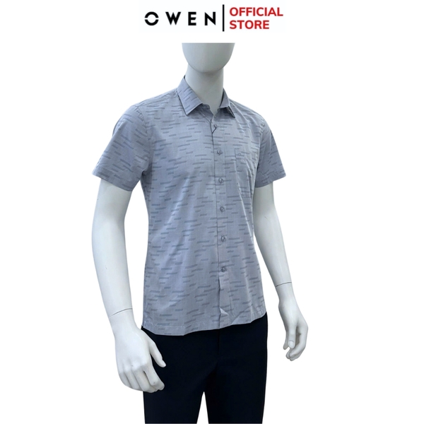 Áo sơ mi nam tay ngắn Owen AB250073NT màu xanh họa tiết dáng suông body fit tà bằng có túi chất liệu bambo poly