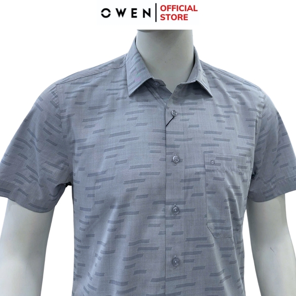 Áo sơ mi nam tay ngắn Owen AB250073NT màu xanh họa tiết dáng suông body fit tà bằng có túi chất liệu bambo poly