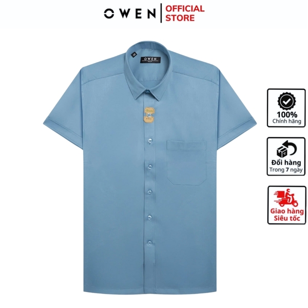 Áo Sơ Mi Nam Tay Ngắn Owen AB250086NT màu xanh đậm dáng suông body fit tà bằng có túi Chất liệu Bambo poly