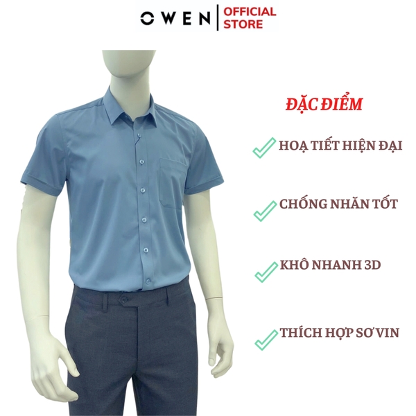 Áo Sơ Mi Nam Tay Ngắn Owen AB250086NT màu xanh đậm dáng suông body fit tà bằng có túi Chất liệu Bambo poly