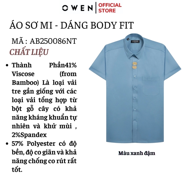 Áo Sơ Mi Nam Tay Ngắn Owen AB250086NT màu xanh đậm dáng suông body fit tà bằng có túi Chất liệu Bambo poly