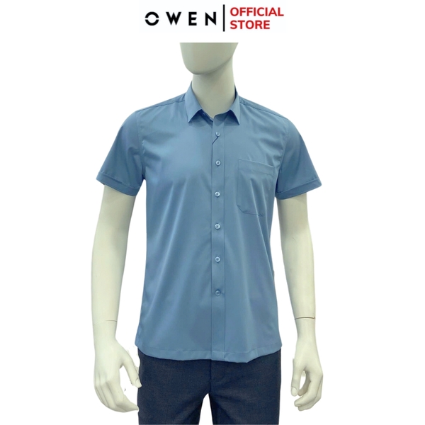 Áo Sơ Mi Nam Tay Ngắn Owen AB250086NT màu xanh đậm dáng suông body fit tà bằng có túi Chất liệu Bambo poly