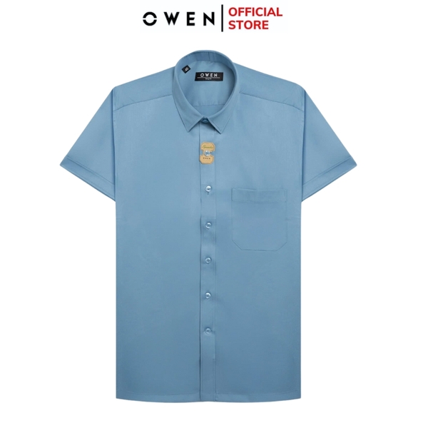 Áo Sơ Mi Nam Tay Ngắn Owen AB250086NT màu xanh đậm dáng suông body fit tà bằng có túi Chất liệu Bambo poly