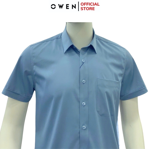 Áo Sơ Mi Nam Tay Ngắn Owen AB250086NT màu xanh đậm dáng suông body fit tà bằng có túi Chất liệu Bambo poly