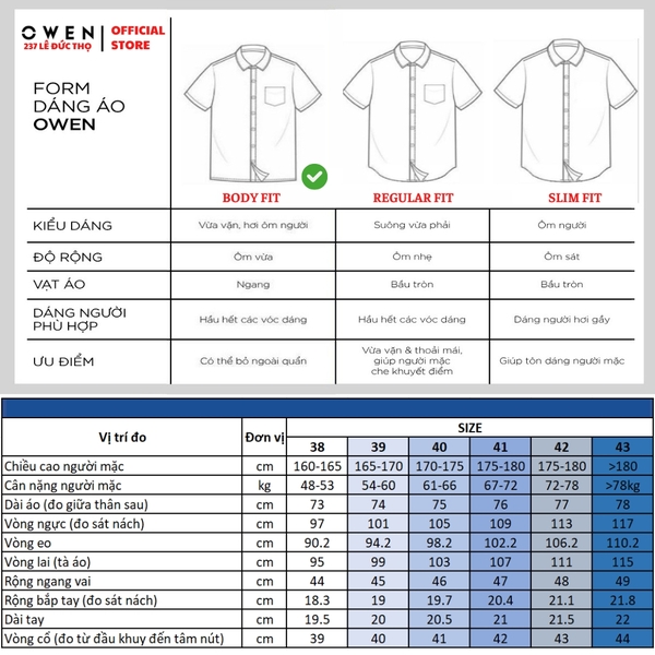 Áo sơ mi nam tay ngắn Owen AB250340NT màu xanh đậm dáng suông body fit tà bằng có túi chất liệu bamboo spandex