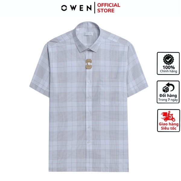 Áo Sơ Mi Nam Tay Ngắn Owen AB250097NT màu be nhạt kẻ caro dáng suông body fit tà bằng có túi chất liệu bamboo poly