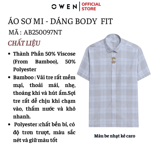 Áo Sơ Mi Nam Tay Ngắn Owen AB250097NT màu be nhạt kẻ caro dáng suông body fit tà bằng có túi chất liệu bamboo poly