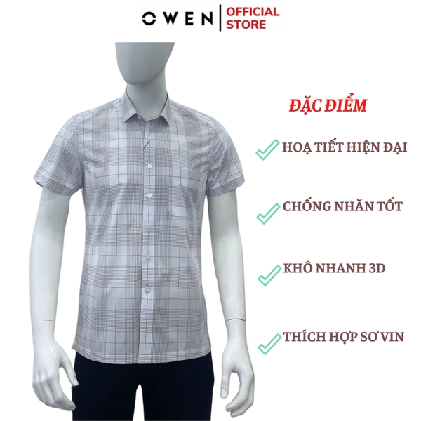 Áo Sơ Mi Nam Tay Ngắn Owen AB250097NT màu be nhạt kẻ caro dáng suông body fit tà bằng có túi chất liệu bamboo poly