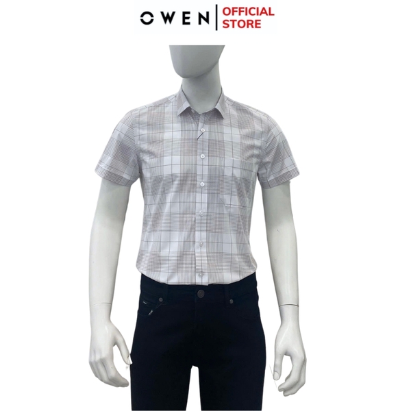 Áo Sơ Mi Nam Tay Ngắn Owen AB250097NT màu be nhạt kẻ caro dáng suông body fit tà bằng có túi chất liệu bamboo poly