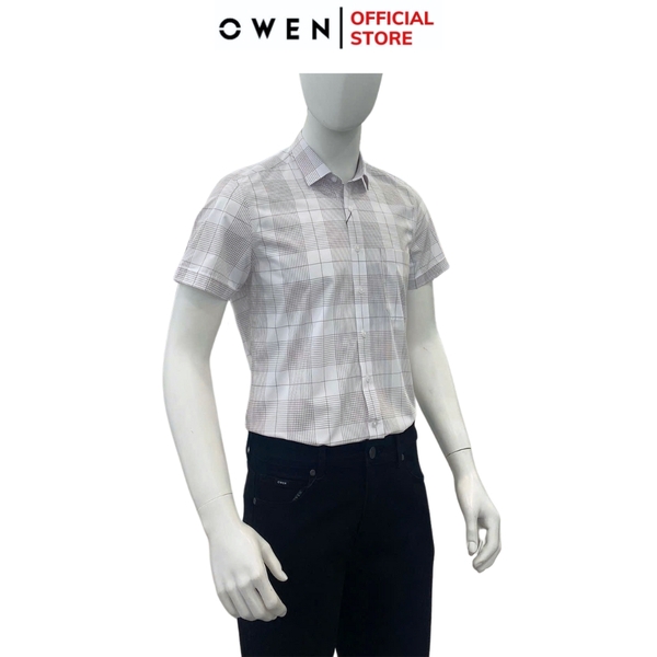 Áo Sơ Mi Nam Tay Ngắn Owen AB250097NT màu be nhạt kẻ caro dáng suông body fit tà bằng có túi chất liệu bamboo poly