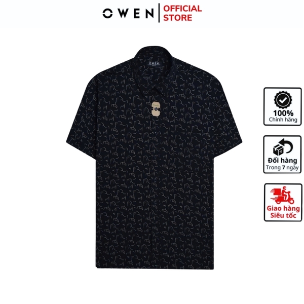 Áo Sơ Mi Nam Tay Ngắn Owen AB250122NT màu đen in họa tiết dáng suông body fit tà bằng có túi Chất liệu Bambo poly