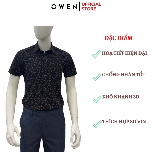 Áo Sơ Mi Nam Tay Ngắn Owen AB250122NT màu đen in họa tiết dáng suông body fit tà bằng có túi Chất liệu Bambo poly