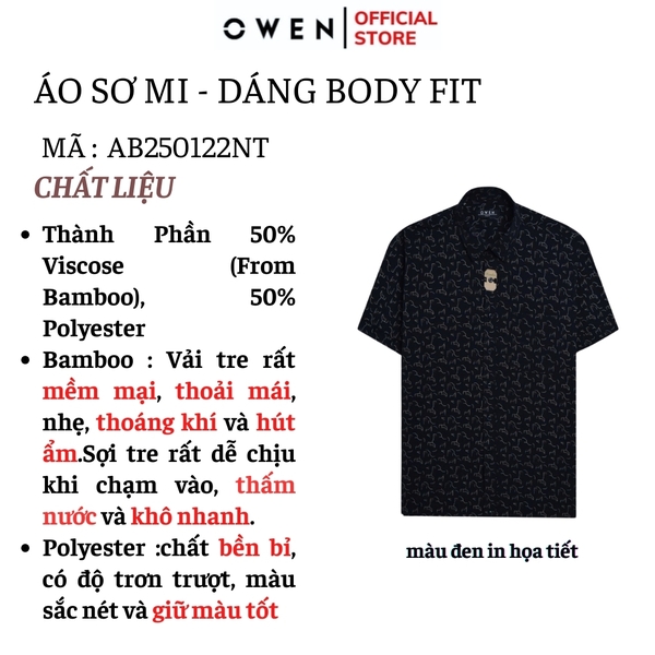 Áo Sơ Mi Nam Tay Ngắn Owen AB250122NT màu đen in họa tiết dáng suông body fit tà bằng có túi Chất liệu Bambo poly