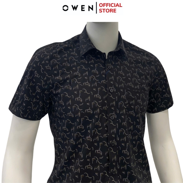 Áo Sơ Mi Nam Tay Ngắn Owen AB250122NT màu đen in họa tiết dáng suông body fit tà bằng có túi Chất liệu Bambo poly
