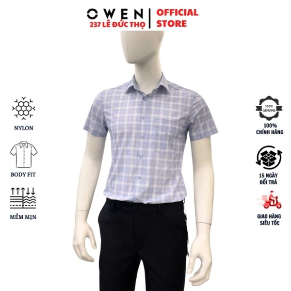 Áo Sơ Mi Nam Tay Ngắn Owen AB260047NT Xanh Nhạt Kẻ Body Fit