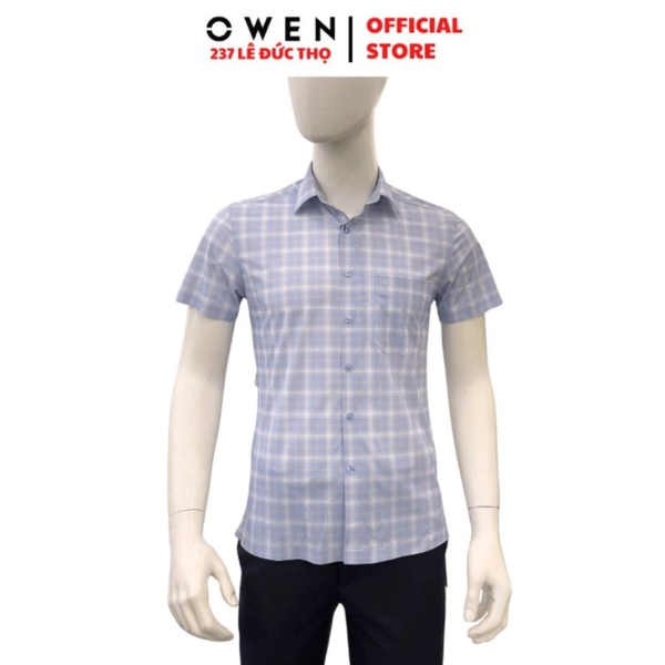 Áo Sơ Mi Nam Tay Ngắn Owen AB260047NT Xanh Nhạt Kẻ Body Fit