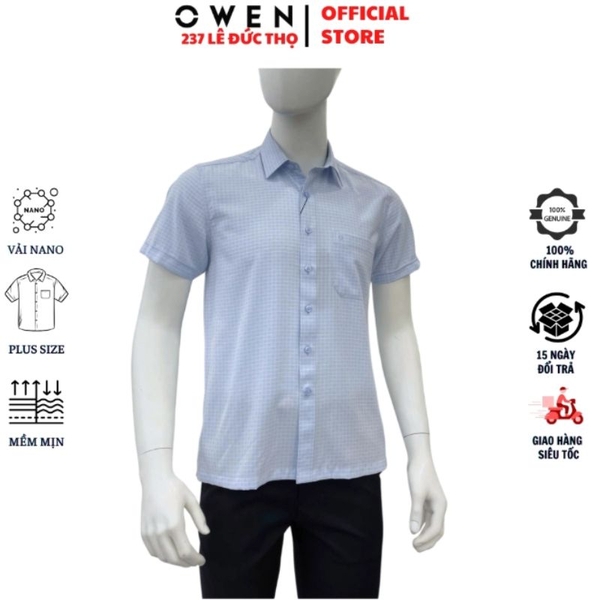 Áo sơ mi nam tay ngắn Owen AF260121NT – Xanh nhạt kẻ caro Plus Size có túi chất liệu nano