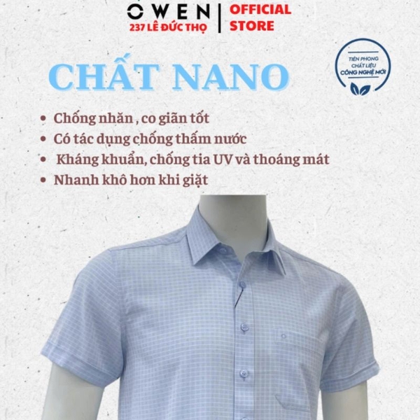 Áo sơ mi nam tay ngắn Owen AF260121NT – Xanh nhạt kẻ caro Plus Size có túi chất liệu nano