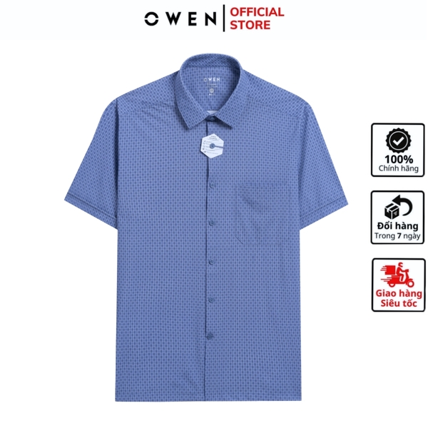Áo sơ mi nam tay ngắn Owen AB250046NT màu xanh đậm kẻ caro nhỏ dáng suông body fit tà lượn có túi chất liệu knit
