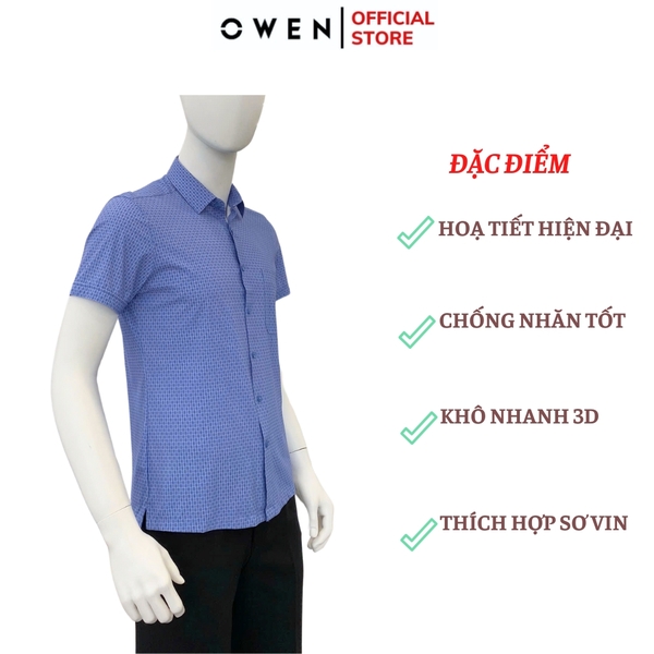 Áo sơ mi nam tay ngắn Owen AB250046NT màu xanh đậm kẻ caro nhỏ dáng suông body fit tà lượn có túi chất liệu knit