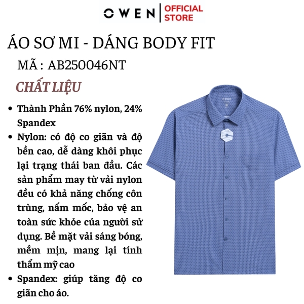 Áo sơ mi nam tay ngắn Owen AB250046NT màu xanh đậm kẻ caro nhỏ dáng suông body fit tà lượn có túi chất liệu knit