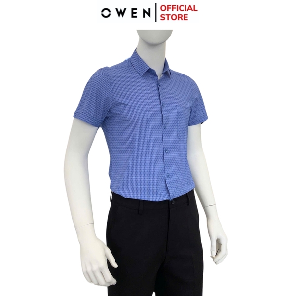 Áo sơ mi nam tay ngắn Owen AB250046NT màu xanh đậm kẻ caro nhỏ dáng suông body fit tà lượn có túi chất liệu knit