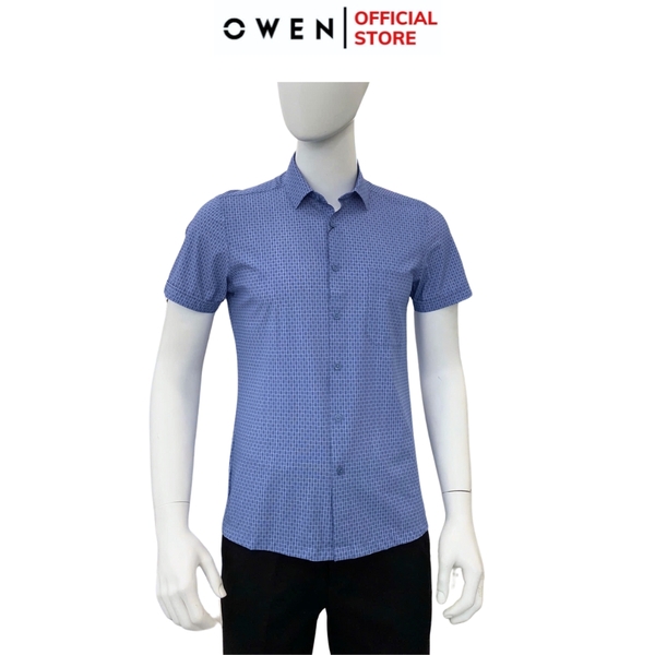 Áo sơ mi nam tay ngắn Owen AB250046NT màu xanh đậm kẻ caro nhỏ dáng suông body fit tà lượn có túi chất liệu knit