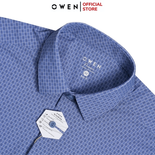Áo sơ mi nam tay ngắn Owen AB250046NT màu xanh đậm kẻ caro nhỏ dáng suông body fit tà lượn có túi chất liệu knit