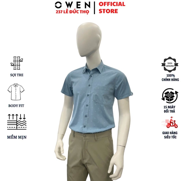 Áo Sơ Mi Nam Tay Ngắn Owen AB260043NT Xanh Đậm Họa Tiết Body Fit