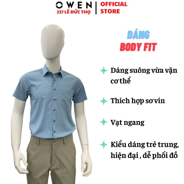 Áo Sơ Mi Nam Tay Ngắn Owen AB260043NT Xanh Đậm Họa Tiết Body Fit