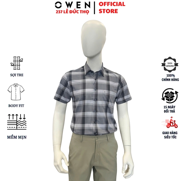 Áo Sơ Mi Nam Tay Ngắn Owen AB260106NT Xám Đậm Body Fit Có Túi