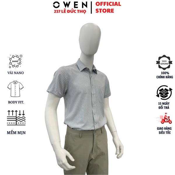 Áo Sơ Mi Nam Tay Ngắn Owen AB260114NT Xám Kẻ Body Fit Có Túi