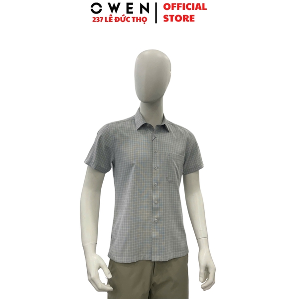 Áo Sơ Mi Nam Tay Ngắn Owen AB260114NT Xám Kẻ Body Fit Có Túi
