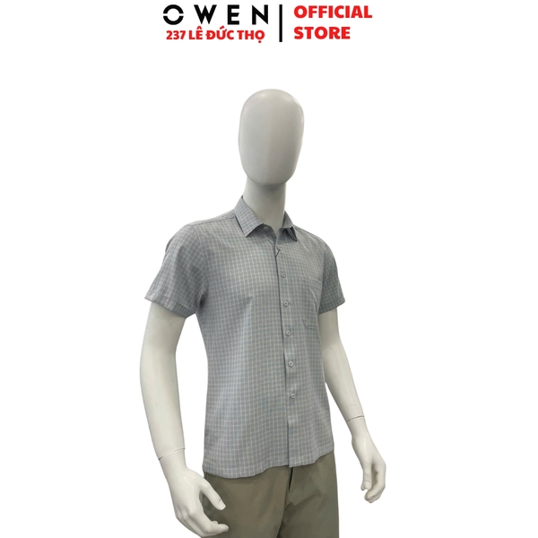 Áo Sơ Mi Nam Tay Ngắn Owen AB260114NT Xám Kẻ Body Fit Có Túi