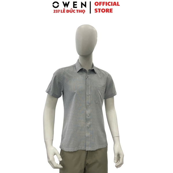 Áo Sơ Mi Nam Tay Ngắn Owen AB260114NT Xám Kẻ Body Fit Có Túi