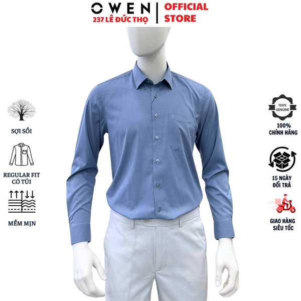Áo sơ mi nam tay dài Owen AR255064DT màu xanh đậm dáng suông regular fit tà lượn có túi chất liệu polyester modal