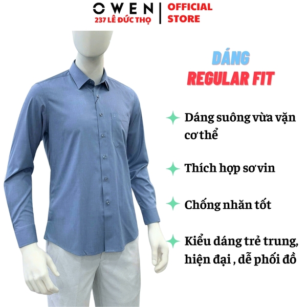 Áo sơ mi nam tay dài Owen AR255064DT màu xanh đậm dáng suông regular fit tà lượn có túi chất liệu polyester modal
