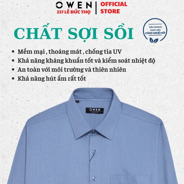 Áo sơ mi nam tay dài Owen AR255064DT màu xanh đậm dáng suông regular fit tà lượn có túi chất liệu polyester modal