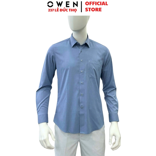 Áo sơ mi nam tay dài Owen AR255064DT màu xanh đậm dáng suông regular fit tà lượn có túi chất liệu polyester modal