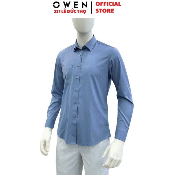 Áo sơ mi nam tay dài Owen AR255064DT màu xanh đậm dáng suông regular fit tà lượn có túi chất liệu polyester modal