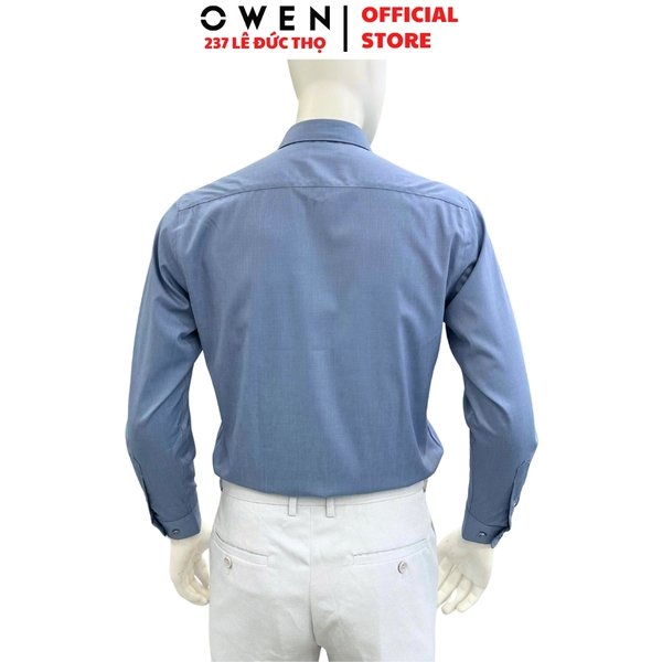 Áo sơ mi nam tay dài Owen AR255064DT màu xanh đậm dáng suông regular fit tà lượn có túi chất liệu polyester modal
