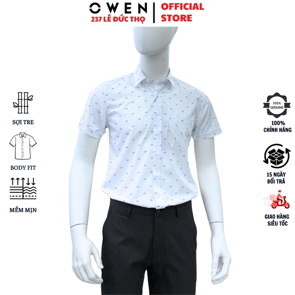 Áo sơ mi nam tay ngắn Owen AB260036NT màu trắng in họa tiết dáng suông body fit tà bằng có túi chất liệu Bamboo polyester