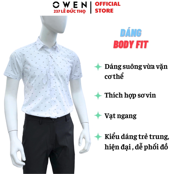 Áo sơ mi nam tay ngắn Owen AB260036NT màu trắng in họa tiết dáng suông body fit tà bằng có túi chất liệu Bamboo polyester