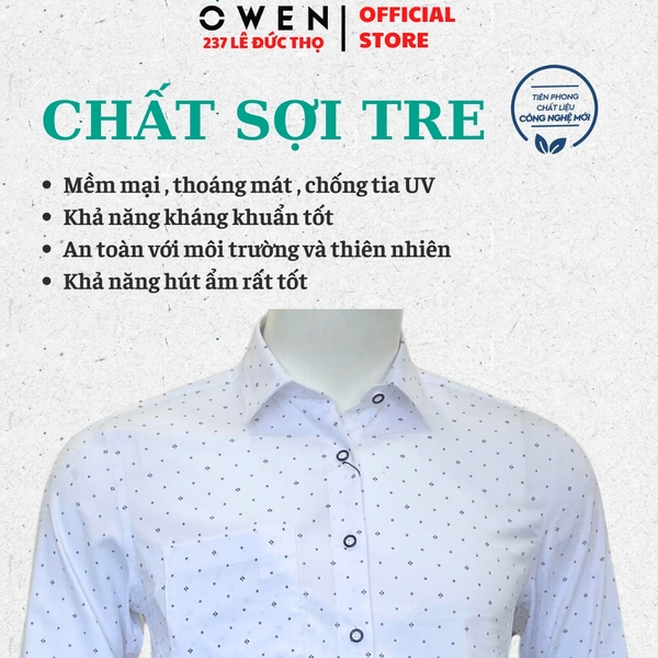 Áo sơ mi nam tay ngắn Owen AB260036NT màu trắng in họa tiết dáng suông body fit tà bằng có túi chất liệu Bamboo polyester
