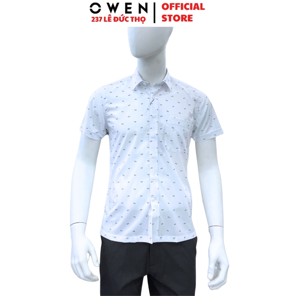 Áo sơ mi nam tay ngắn Owen AB260036NT màu trắng in họa tiết dáng suông body fit tà bằng có túi chất liệu Bamboo polyester