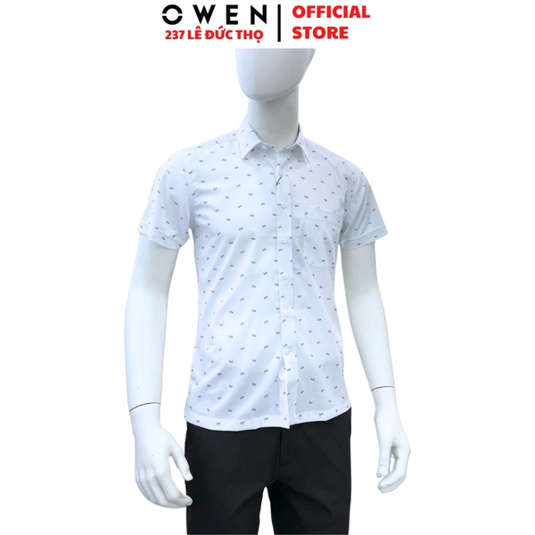 Áo sơ mi nam tay ngắn Owen AB260036NT màu trắng in họa tiết dáng suông body fit tà bằng có túi chất liệu Bamboo polyester