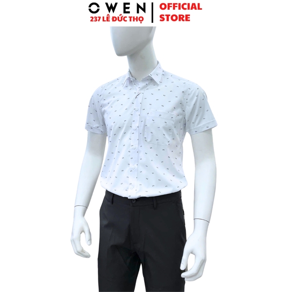 Áo sơ mi nam tay ngắn Owen AB260036NT màu trắng in họa tiết dáng suông body fit tà bằng có túi chất liệu Bamboo polyester
