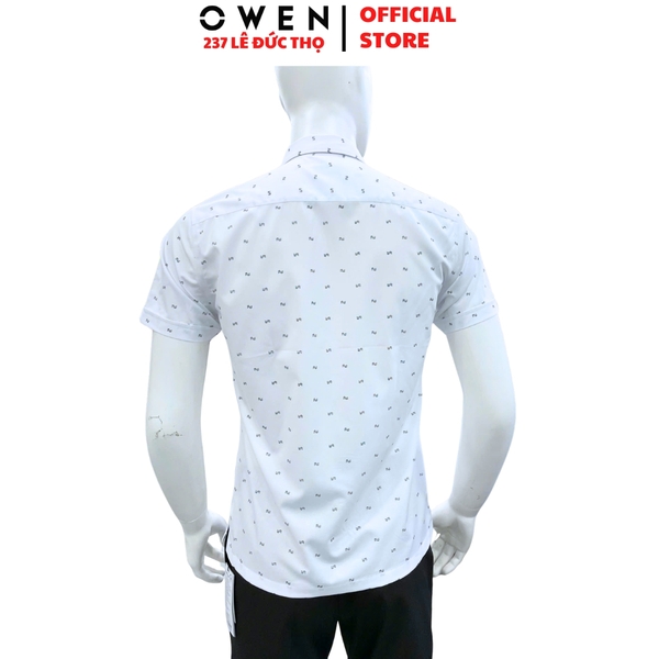 Áo sơ mi nam tay ngắn Owen AB260036NT màu trắng in họa tiết dáng suông body fit tà bằng có túi chất liệu Bamboo polyester