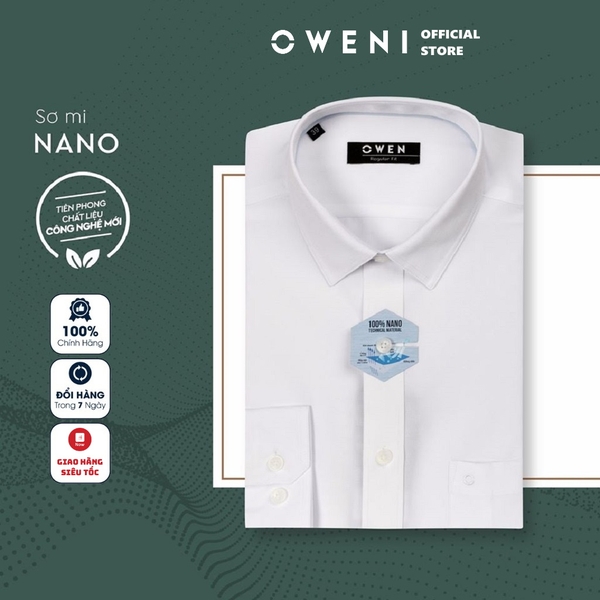 Áo Sơ Mi Trắng Nam Tay Dài Owen AR240300DT (AR230315DT hoặc AR221194DT) màu trắng trơn dáng regular fit tà lượn có túi vải nano
